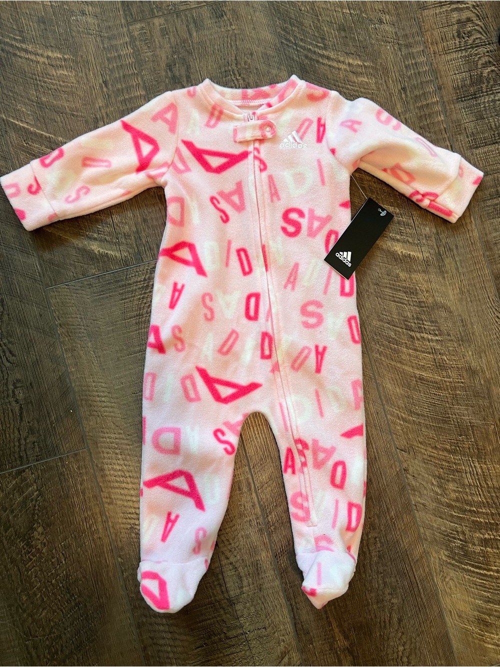 adidas Pink Fleece Footed One-Piece with Logo Print